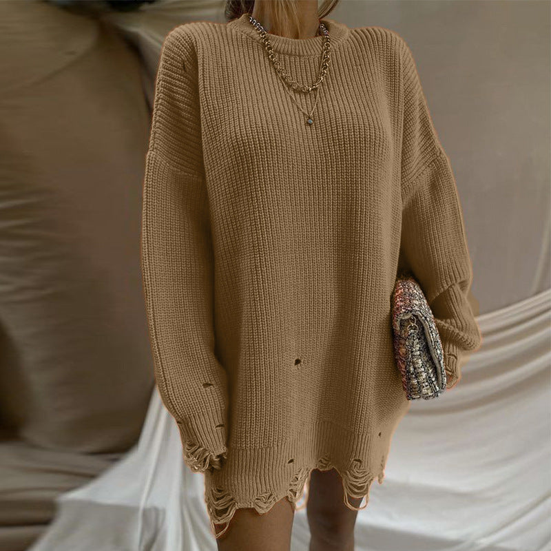 Ripped O Neck Oversized Sweater Dress for Effortless Style