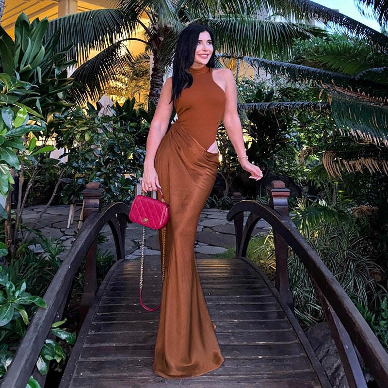 Halter High-Neck Draped Satin Column Maxi Dress 9