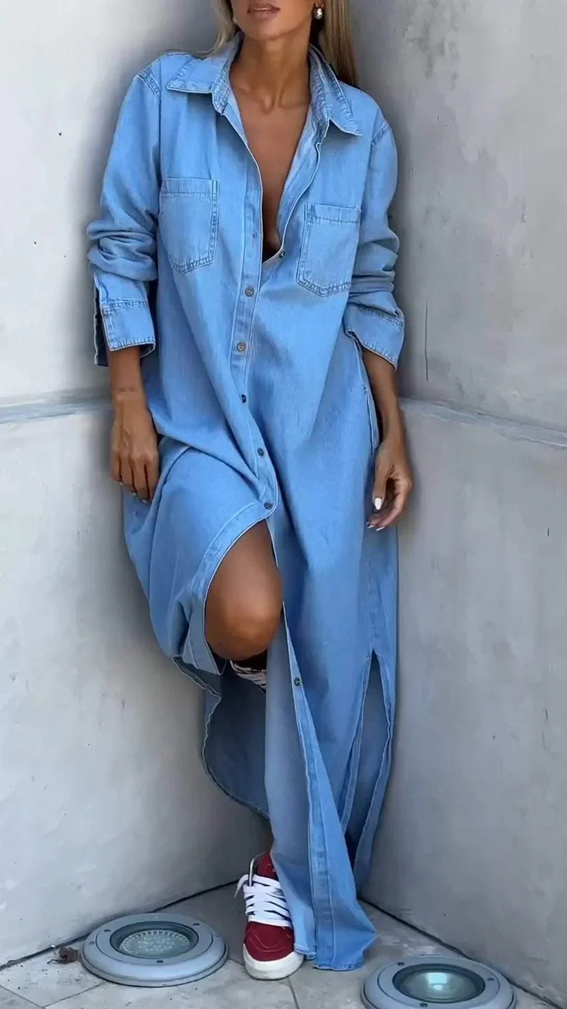 Lapel Cardigan Long Sleeve Denim Maxi Dress for Elegance