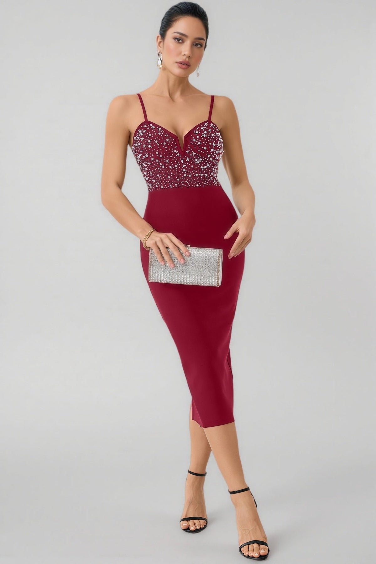 Beaded Sweetheart Cut Out Spaghetti Strap Bodycon Midi Dress