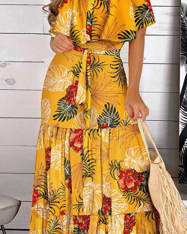 Floral Print Off Shoulder Top & Tiered Maxi Skirt Set