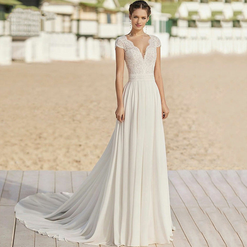V-Neck Chiffon Long Train Wedding Dress