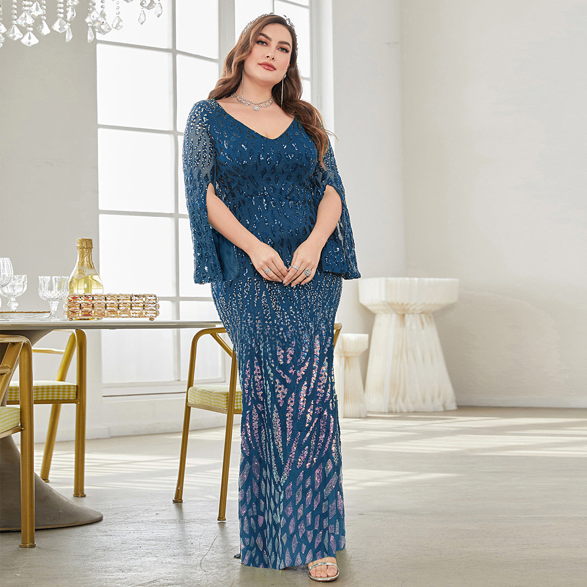 Sequin V-Neck Cape Sleeve Mermaid Evening Gown