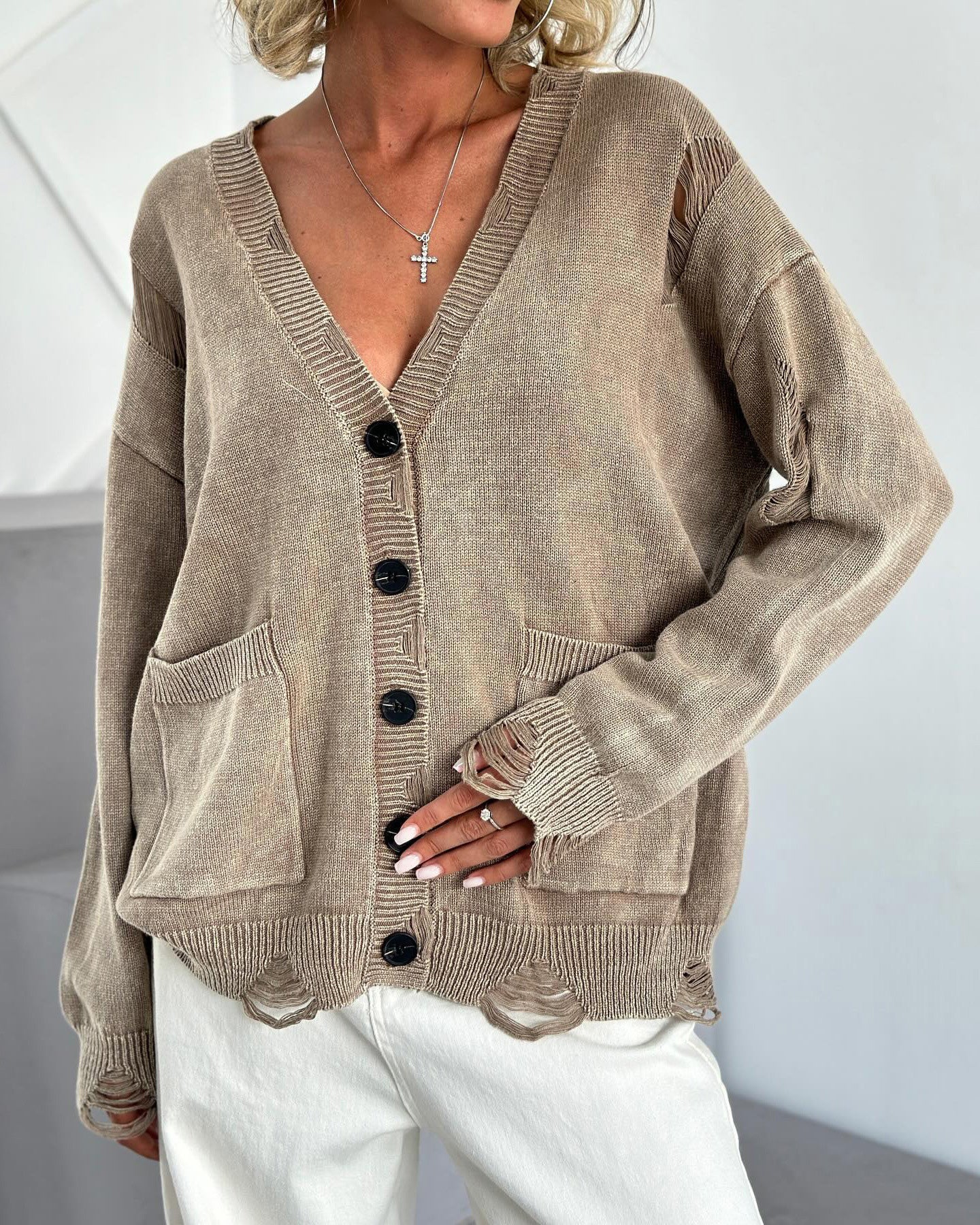 Cozy Distressed V-Neck Wool Cardigan for Effortless Style