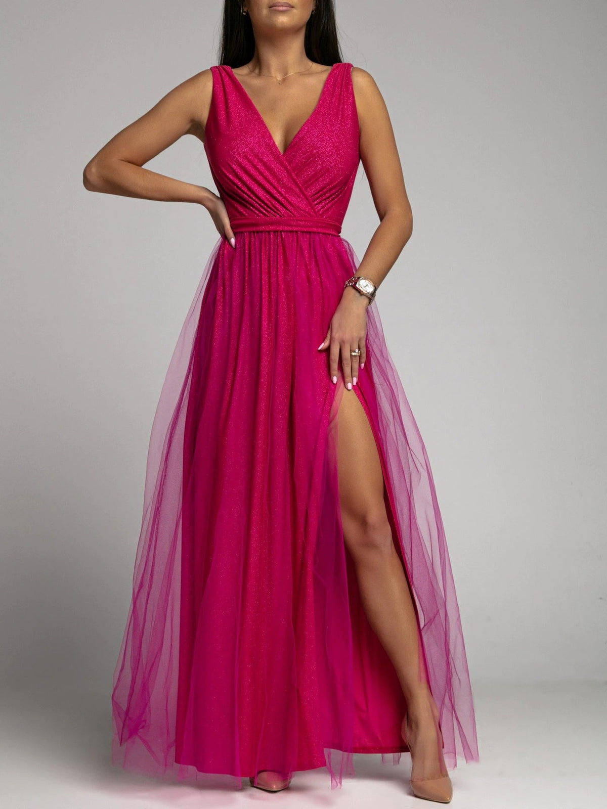 Glitter Tulle V-Neck Sleeveless High-Slit Maxi Gown