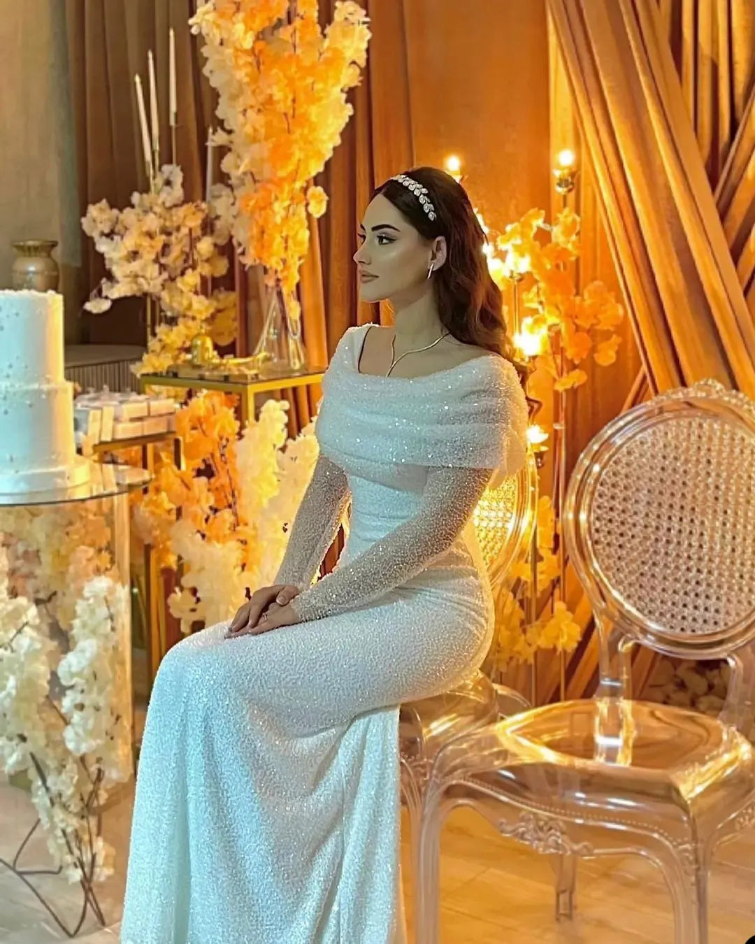 Glitter Tulle Off-Shoulder Long Sleeve Wedding Dress