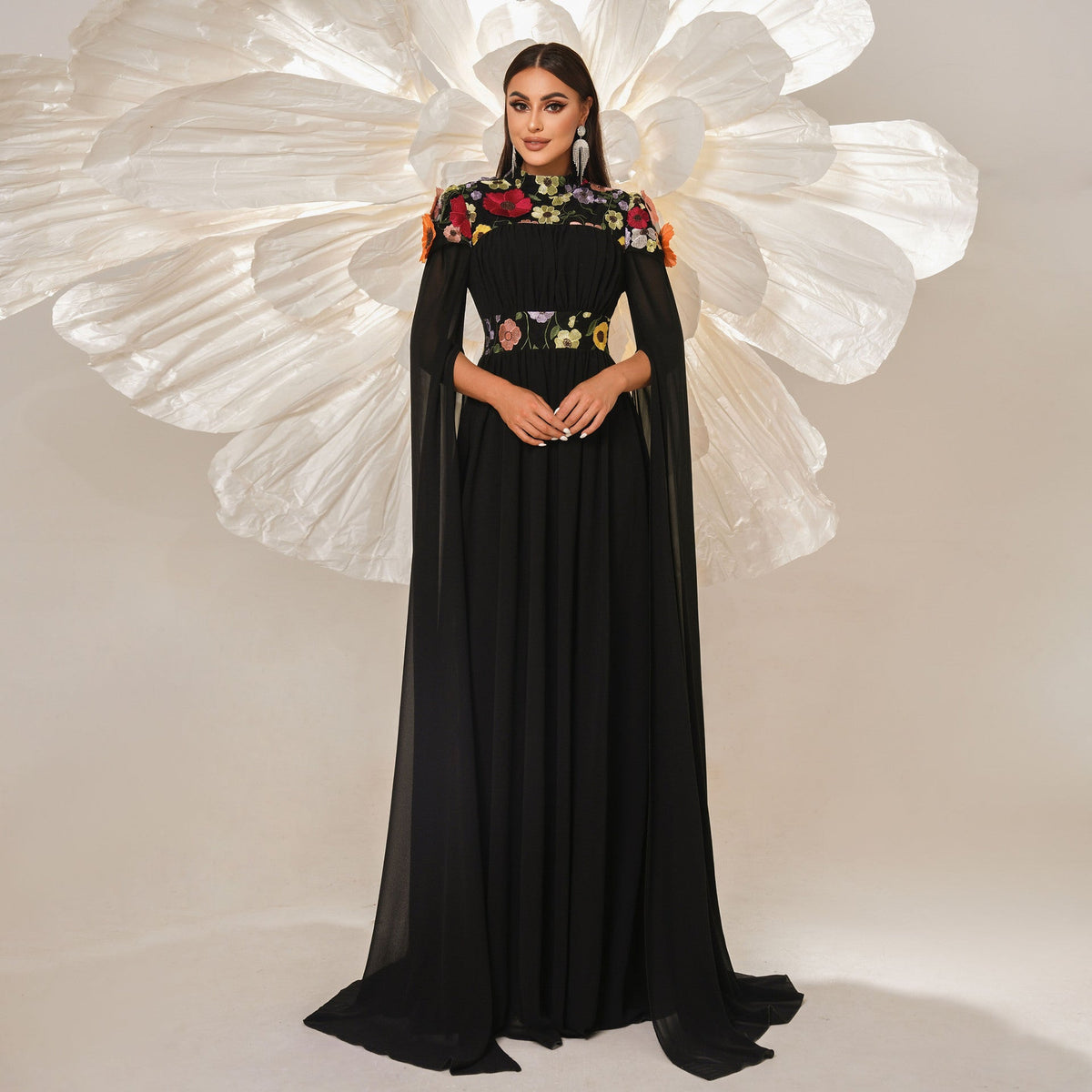 High Neck 3D Floral Applique Cape Sleeve Pleated Chiffon Maxi Gown - View 2