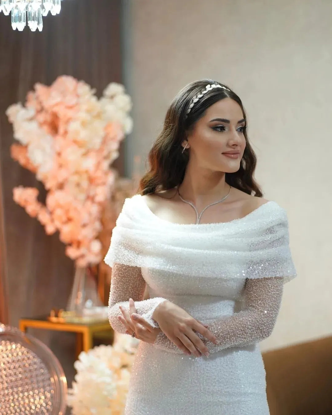 Glitter Tulle Off-Shoulder Long Sleeve Wedding Dress