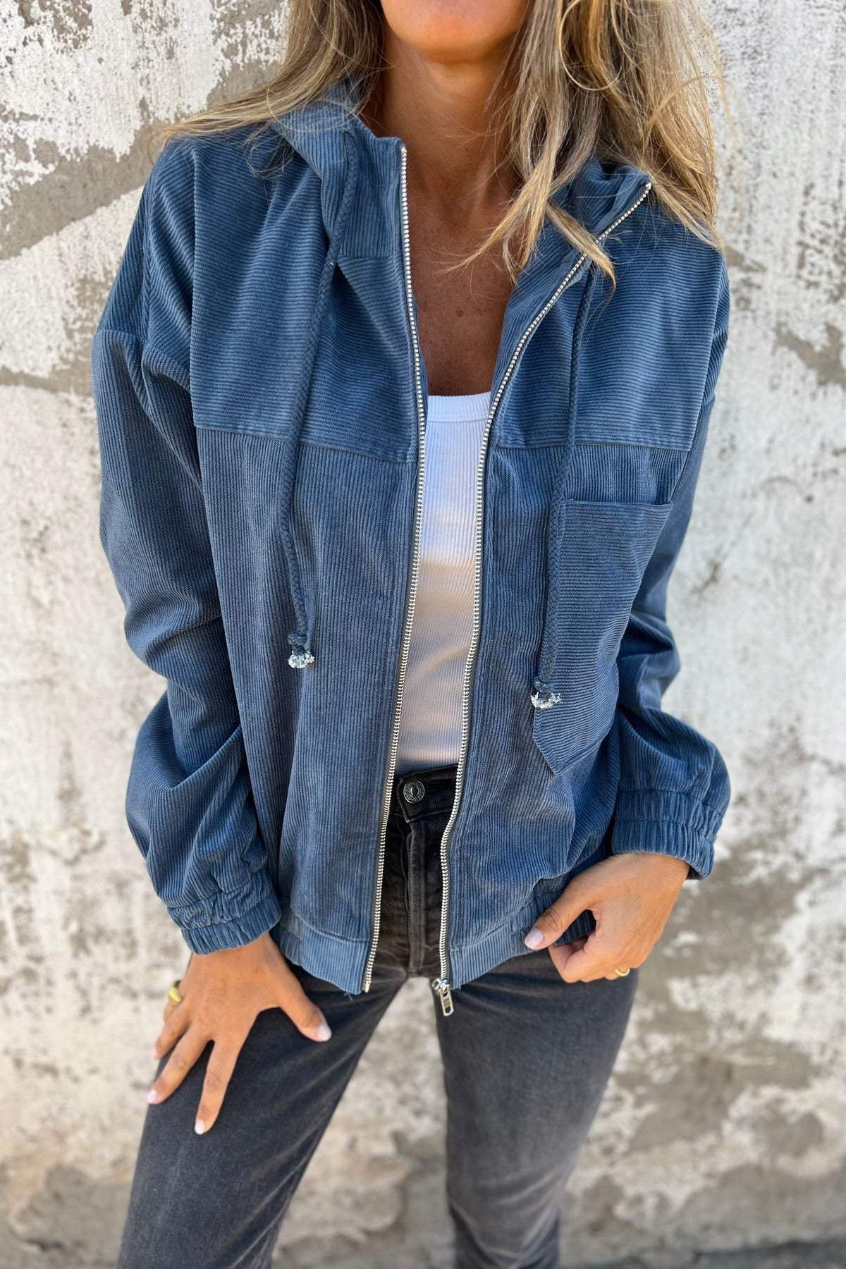 ShoptheCIC Solid Corduroy Hooded Zip-Up Jacket for Comfort