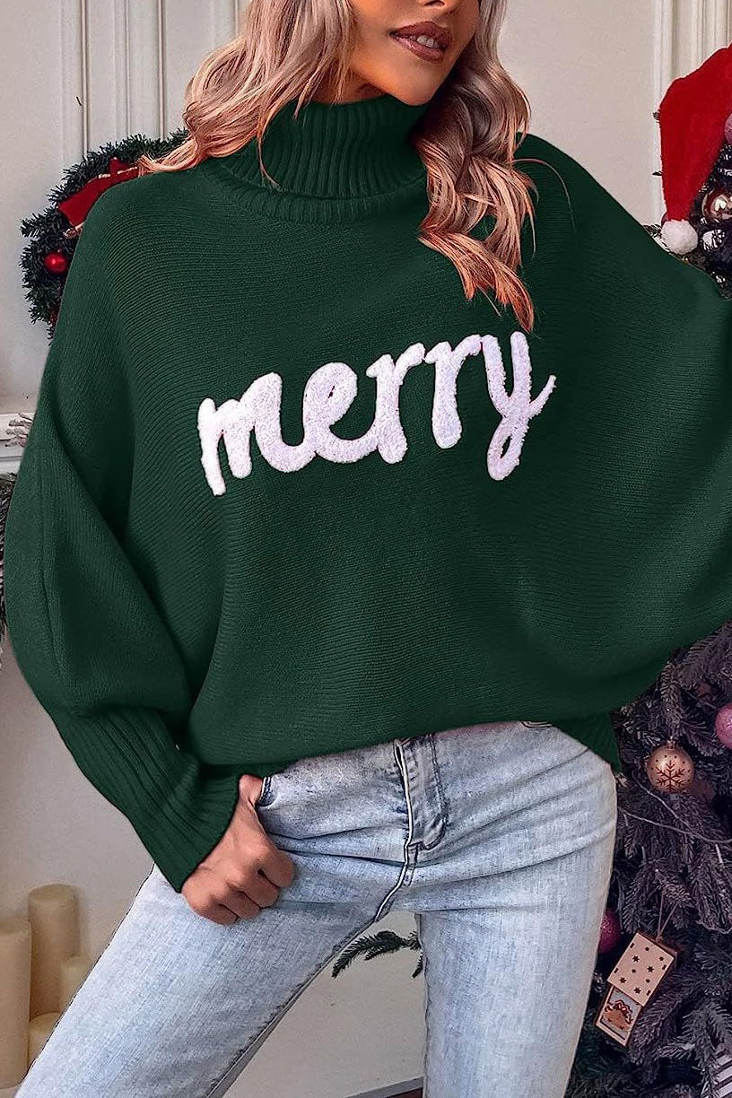 Merry Holiday Bat Sleeve Turtleneck Sweater for Cozy Comfort
