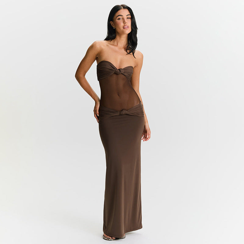 Strapless Sweetheart Mesh Midriff Cut Out Knot Bodycon Maxi Dress - View 5