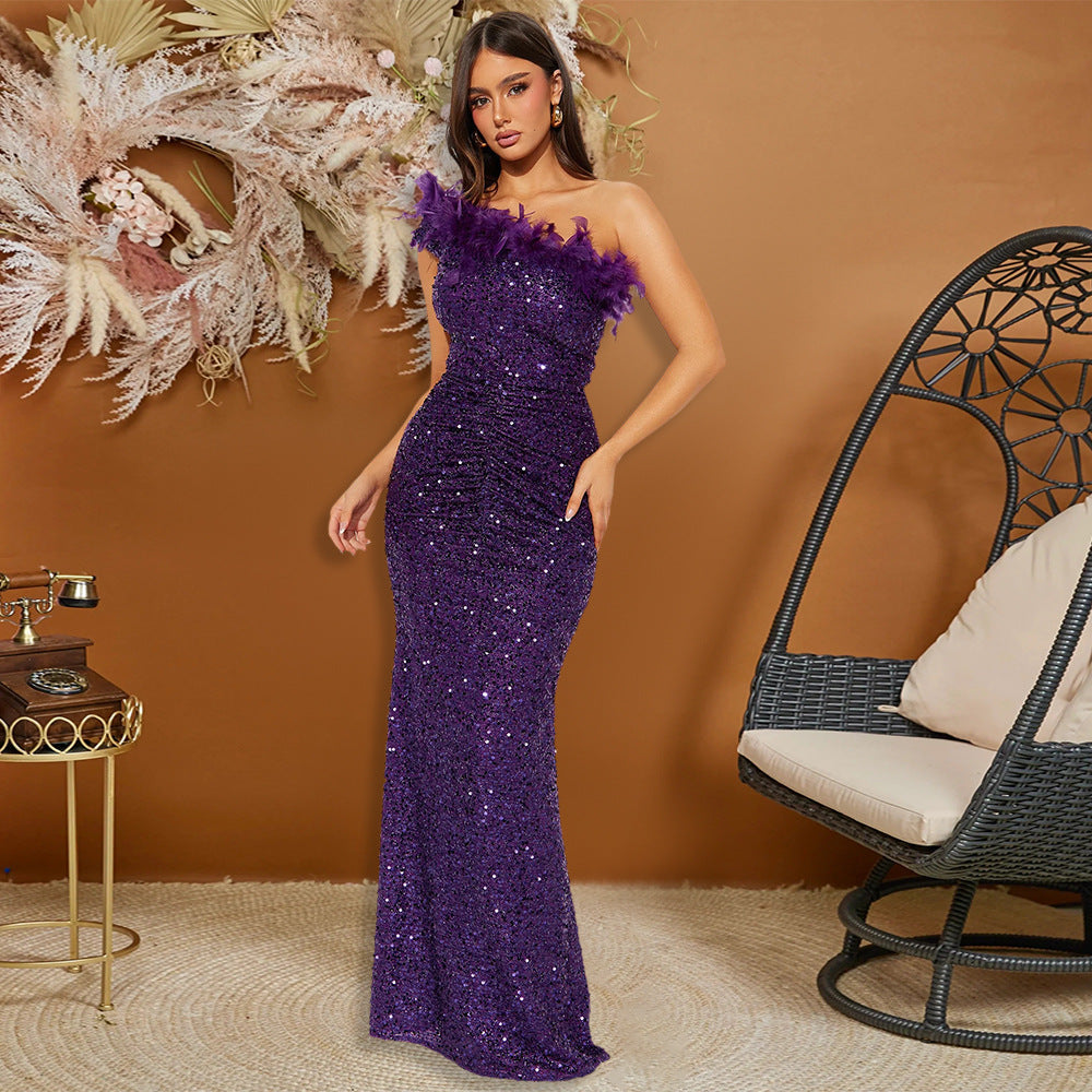 Sequin Feather Trim Strapless Ruched Mermaid Maxi Gown
