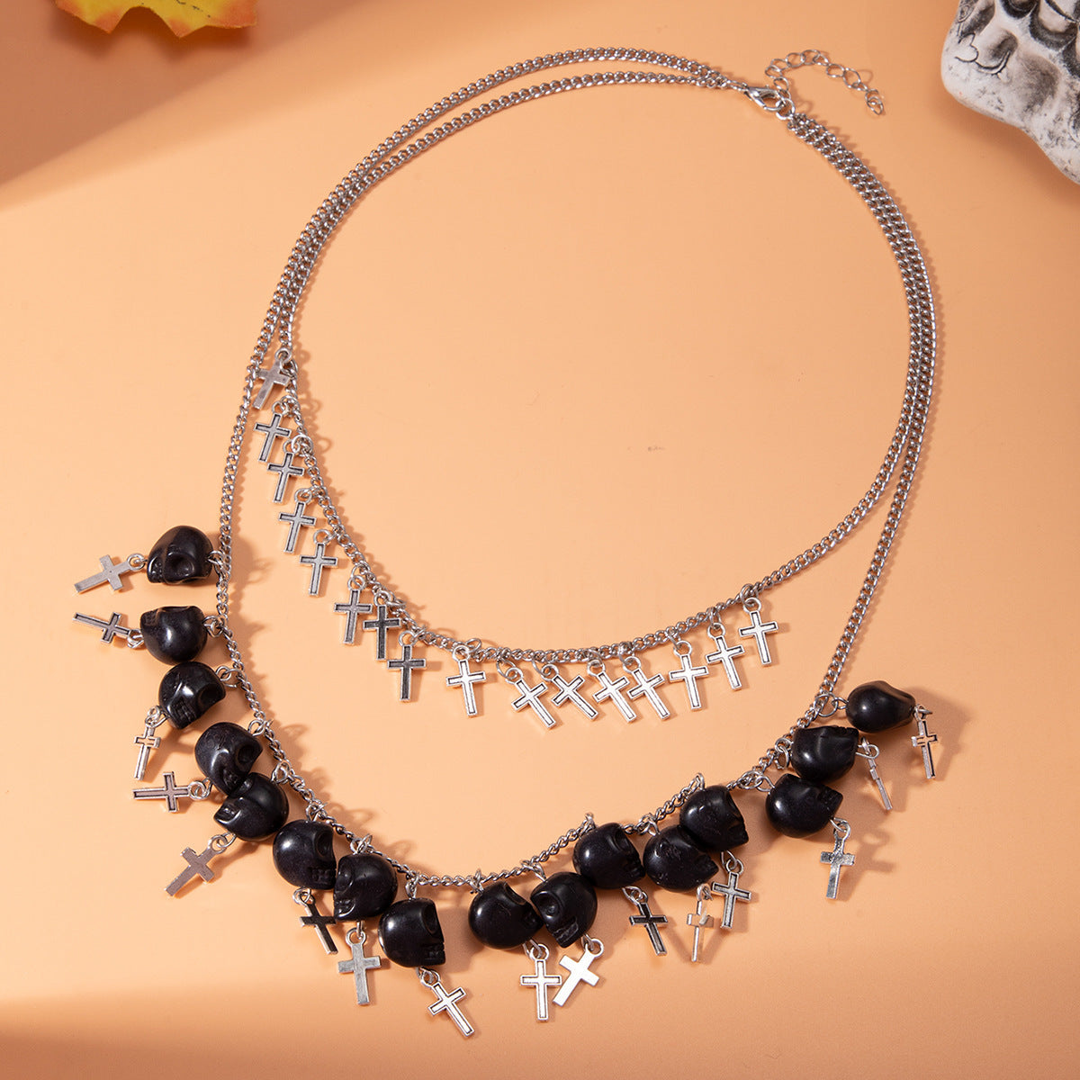 Halloween Cross Tassel Skull Fashion Punk Exaggerated Layered Necklace Black