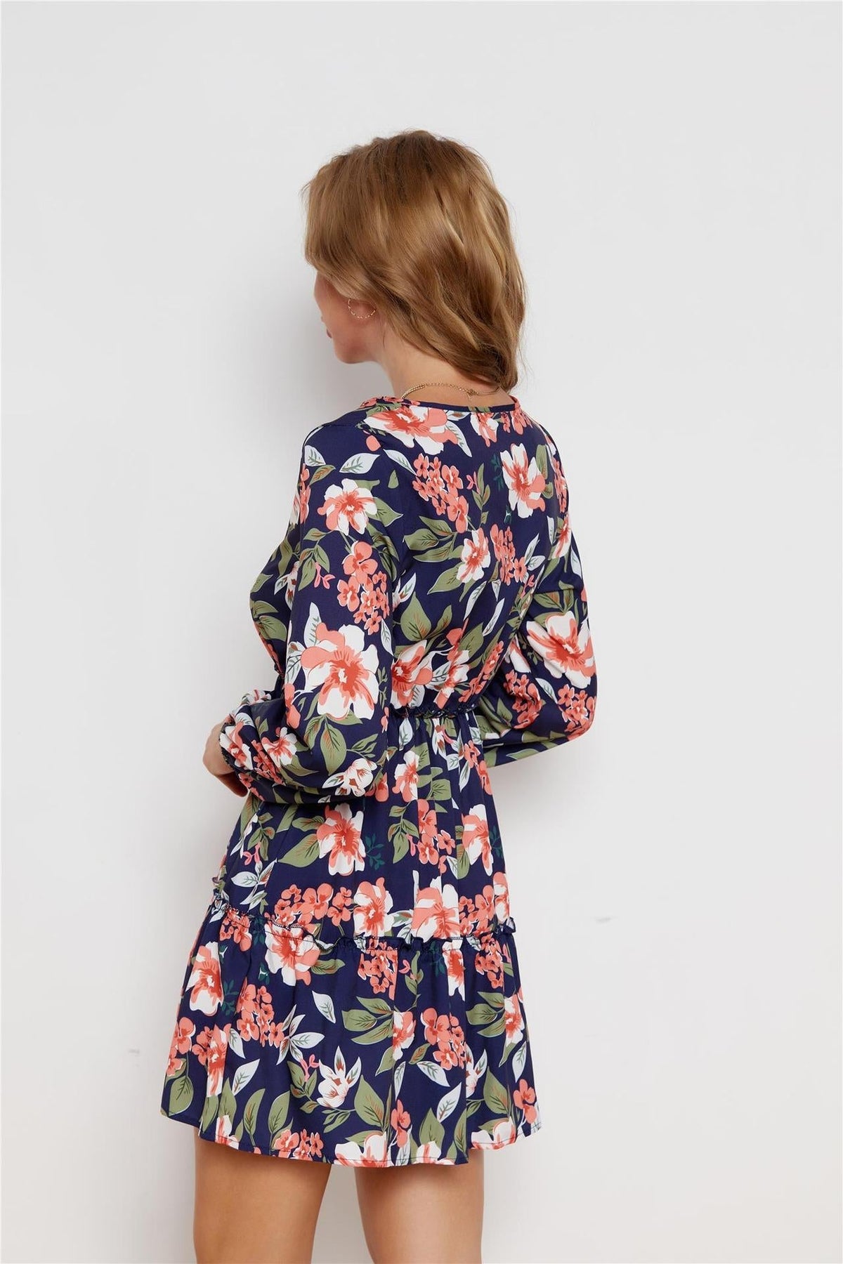 Floral Print Tie Neck Long Sleeve Tiered Mini Dress