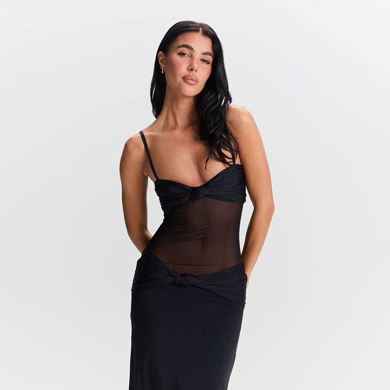 Strapless Sweetheart Mesh Midriff Cut Out Knot Bodycon Maxi Dress - View 3