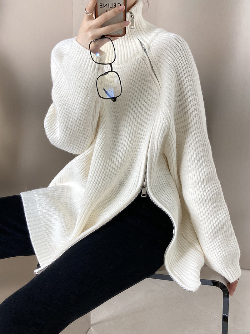 ShoptheCIC Solid Color Turtleneck Knit Sweater with Zip
