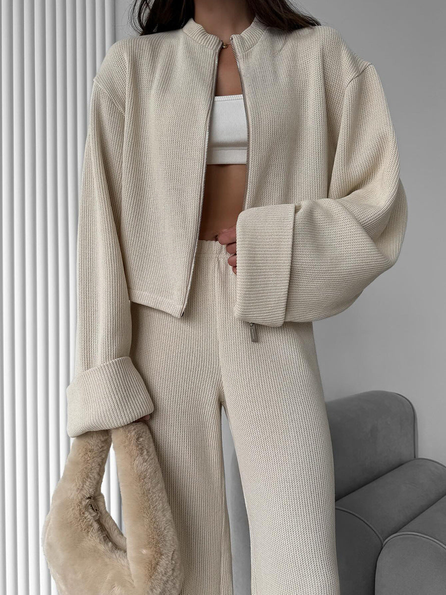 Knitted Long-Sleeve Jacket and Wide-Leg Pants Set for Elegance