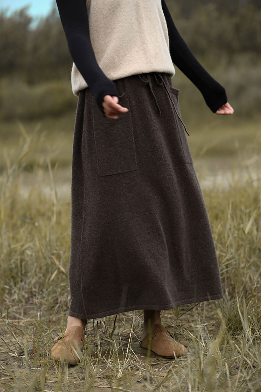 100% Pure Wool High-Waisted Pockets A-line Skirt - Fashionpara