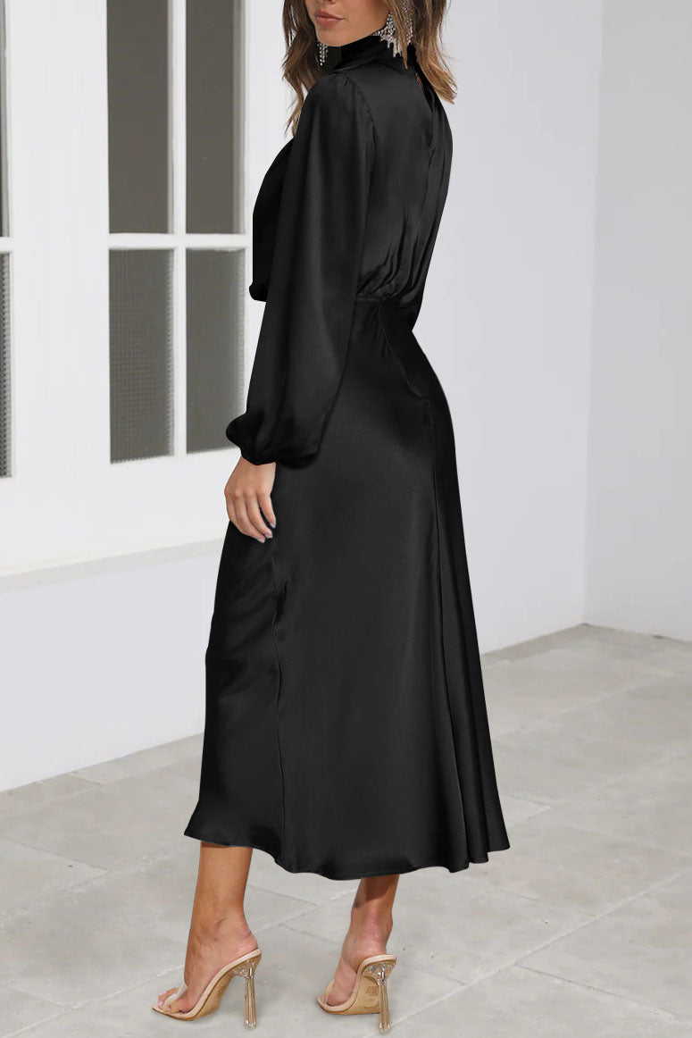 Chic Satin Long Sleeve Midi High Neck Dress - Fashionpara