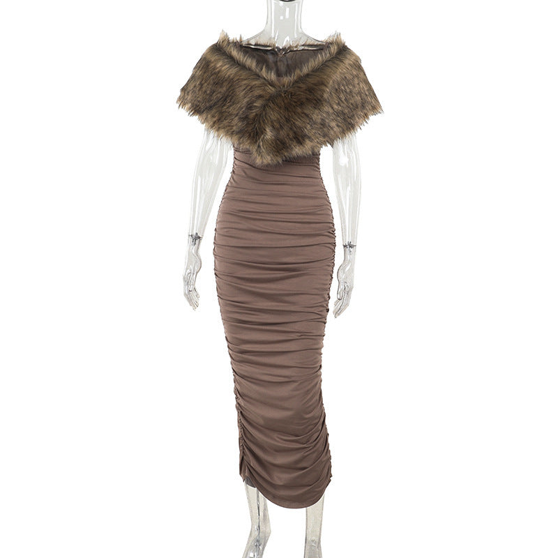 Faux-Fur Stole Off-Shoulder Ruched Bodycon Maxi Dress 6