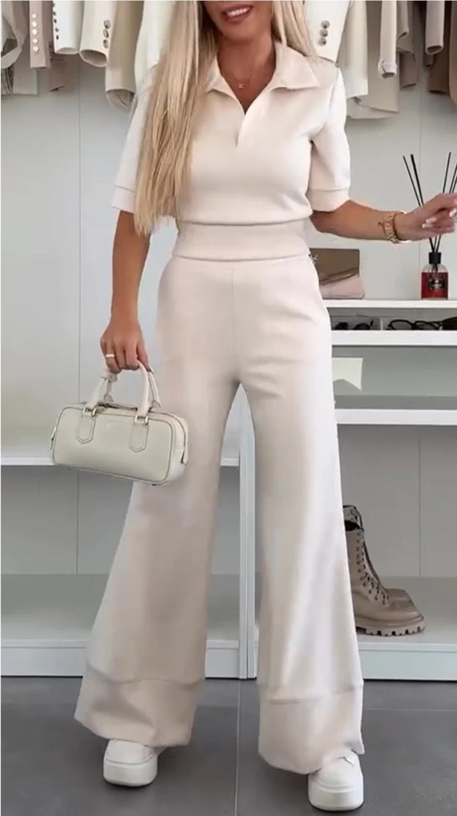 Solid color short-sleeved lapel top and high-waisted wide-leg pants two-piece suit