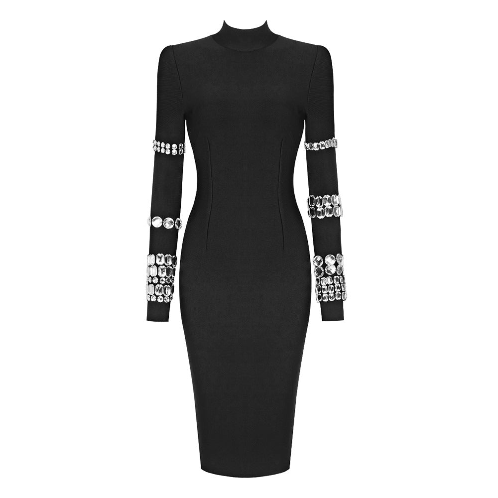 Black Rhinestone Long Sleeve Turtleneck Knit Bandage Dress - View 2