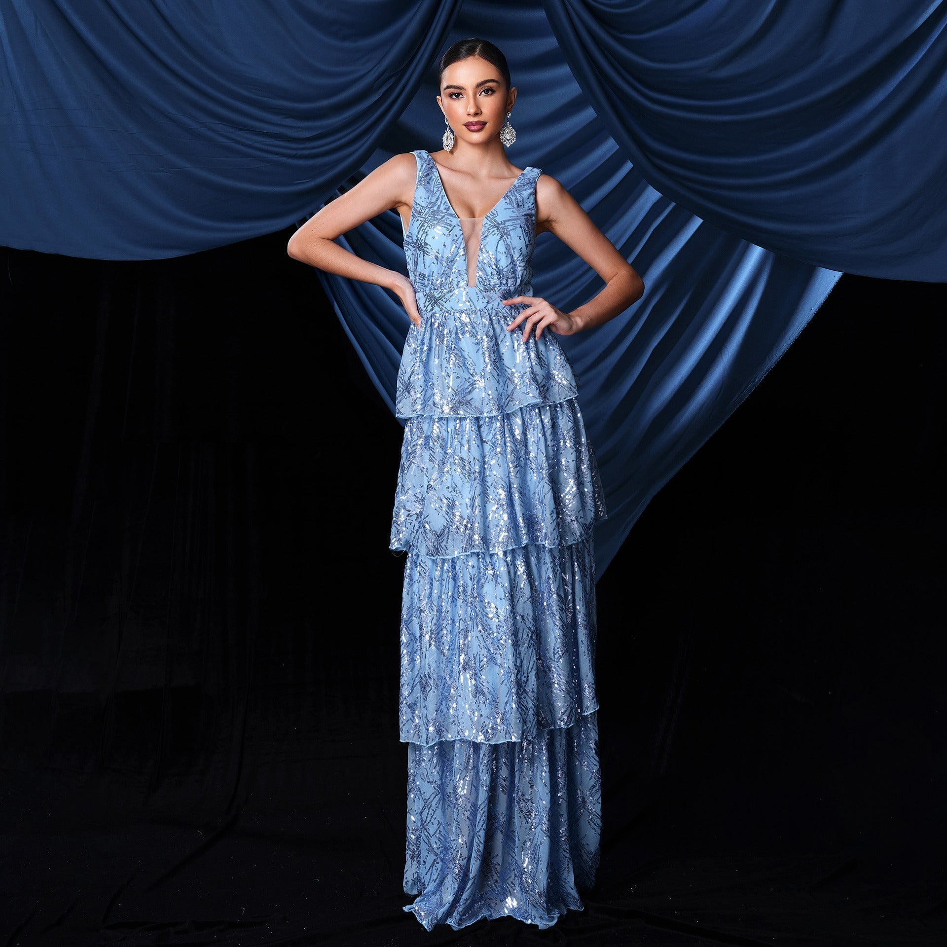 Sleeveless Elegant V neck Long Sequined Cocktail Sequined Evening Dress Bridesmaid - Fashionpara