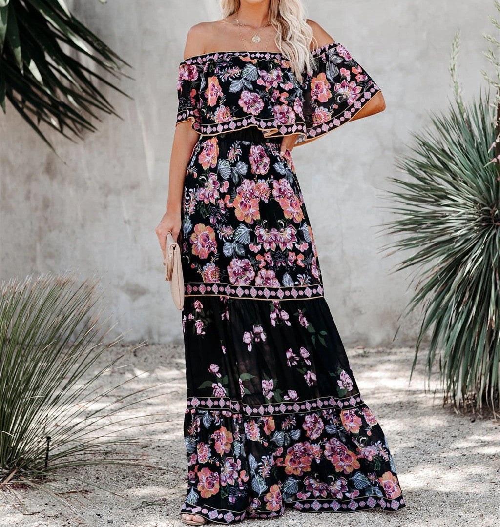 Floral Print Off Shoulder Tiered Maxi Dress