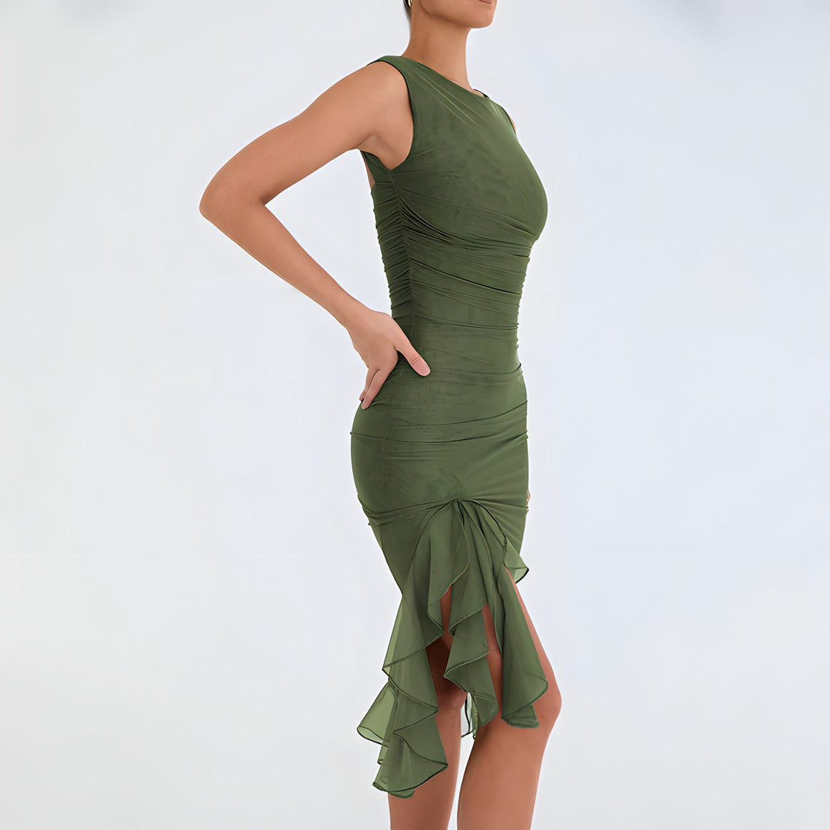 Ruched Crew Neck Sleeveless High Low Ruffle Hem Midi Dress - View 5