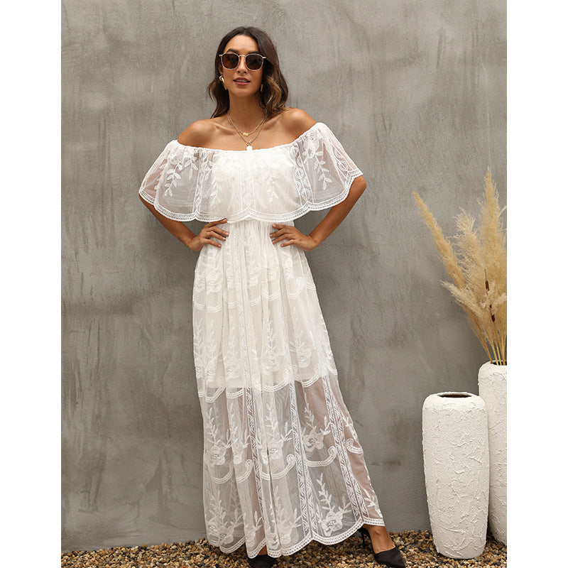 Embroidered Lace Off Shoulder Tiered Maxi Dress