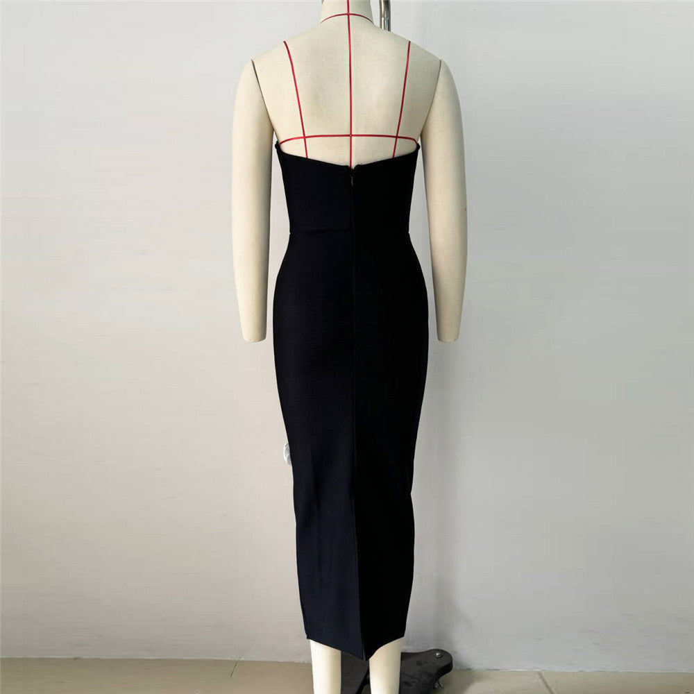 Rhinestone Bodice Strapless 3D Rose Applique Bandage Midi Dress - View 3