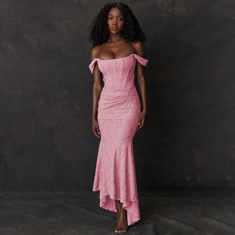 Jacquard Off Shoulder Cap Sleeve Corset Ruched Mermaid Maxi Gown