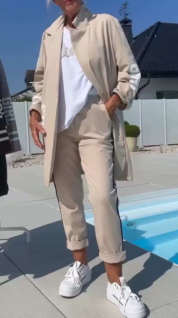 Mid-Length Letter-Printed Trench Coat and Trouser Set