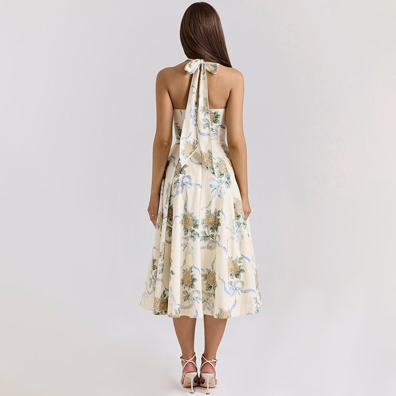 Floral Print Halter Neck Corset Bodice A-Line Midi Dress 2