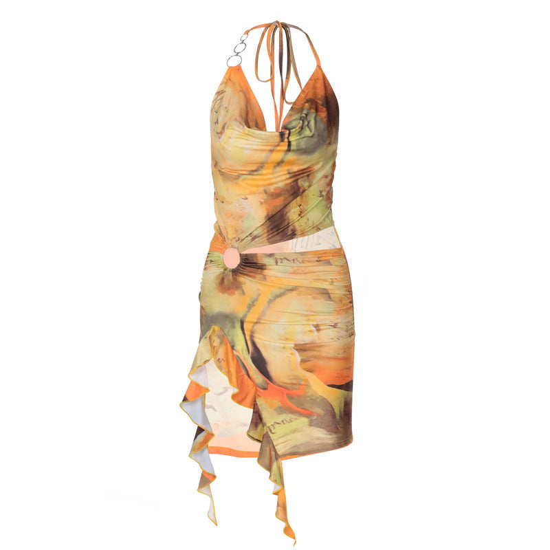 Printing Backless Lace up Dress - View 5