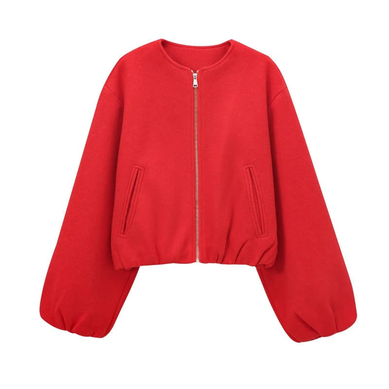 Zip Front Balloon Sleeve Cropped Bomber Jacket 3