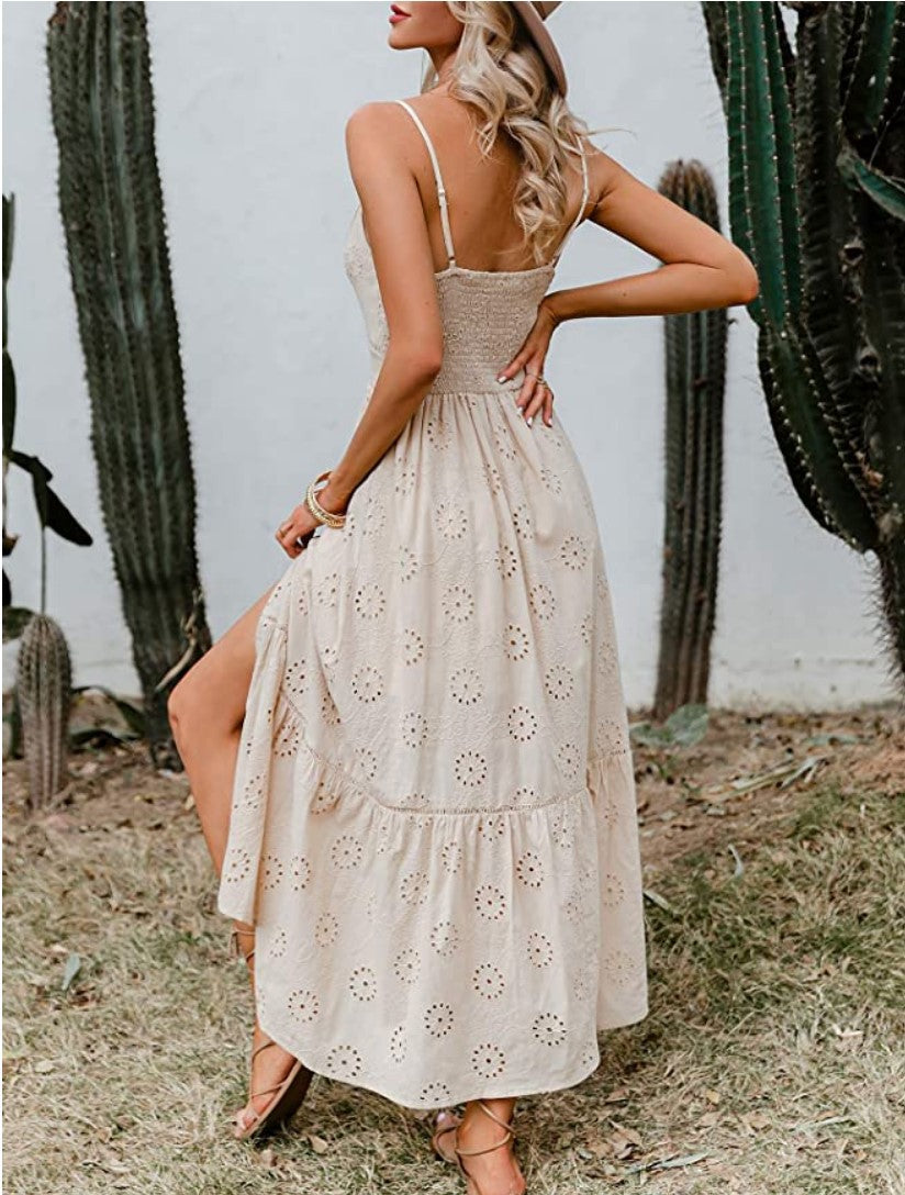 Eyelet Embroidered V-Neck Sleeveless Slit Maxi Dress