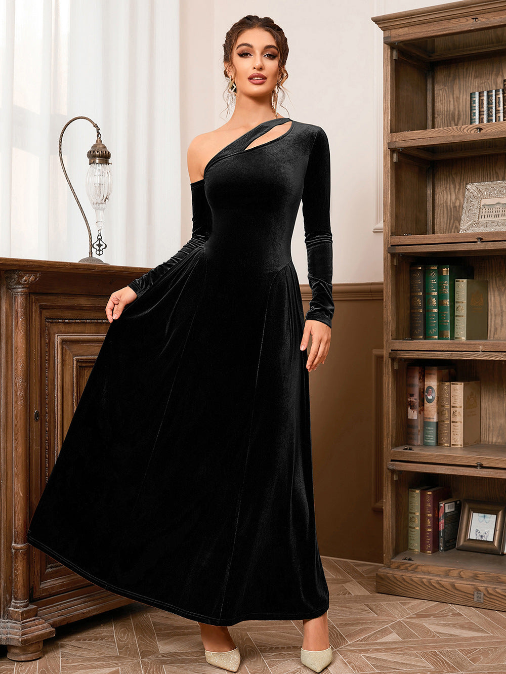 One Shoulder Long Sleeve High Slit Slim Waist Mid Length Evening Dress - Fashionpara