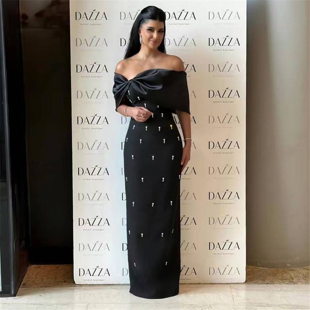 Off Shoulder Sculptural Fold Satin Bodice Beaded Column Maxi Gown
