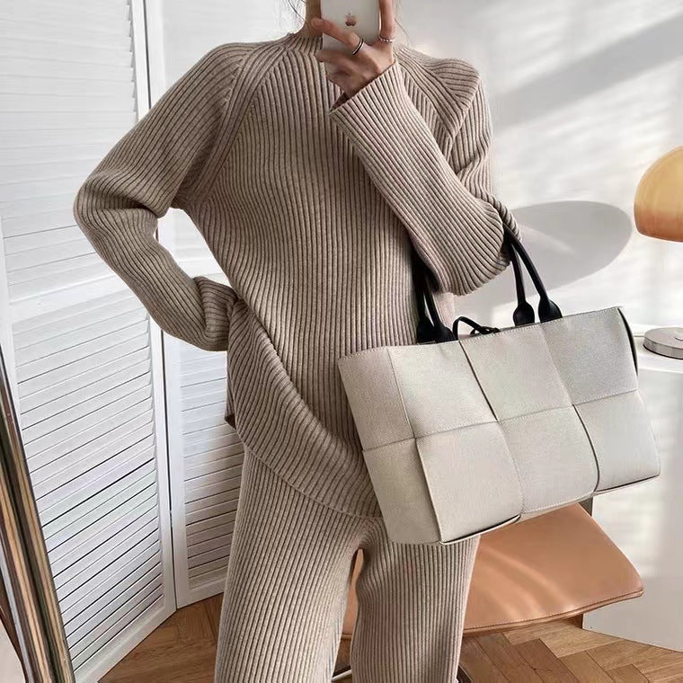 Elegant Casual Split Knit Sweater Wide-Leg Suit - Fashionpara