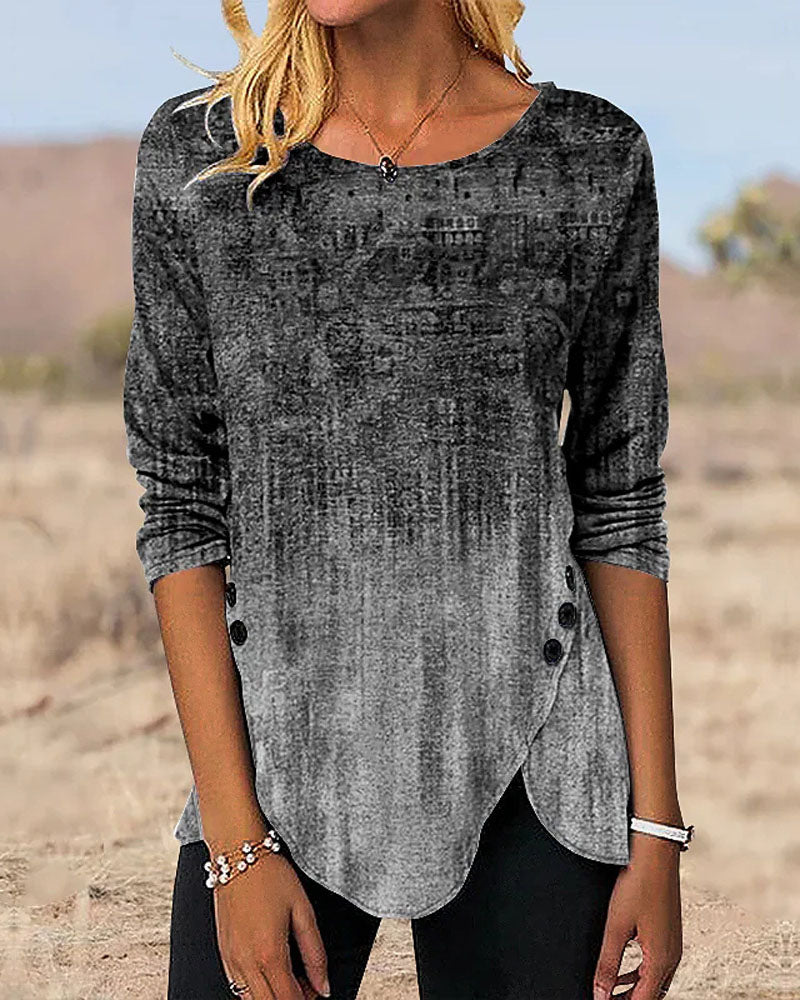 Gradient print crew neck long sleeve T-shirt