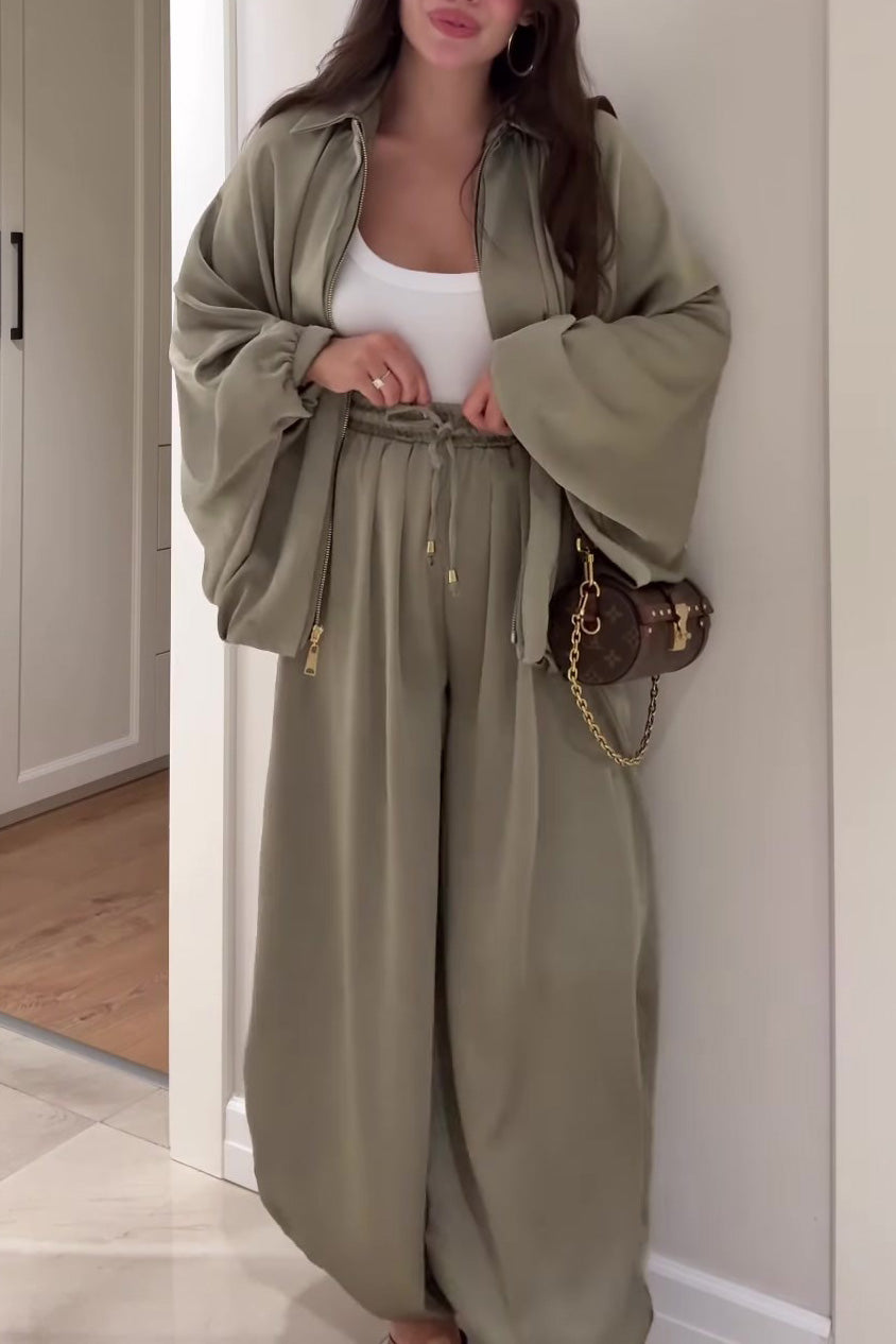 Lantern-Sleeve Zipper Jacket & Wide-Leg Pants Set