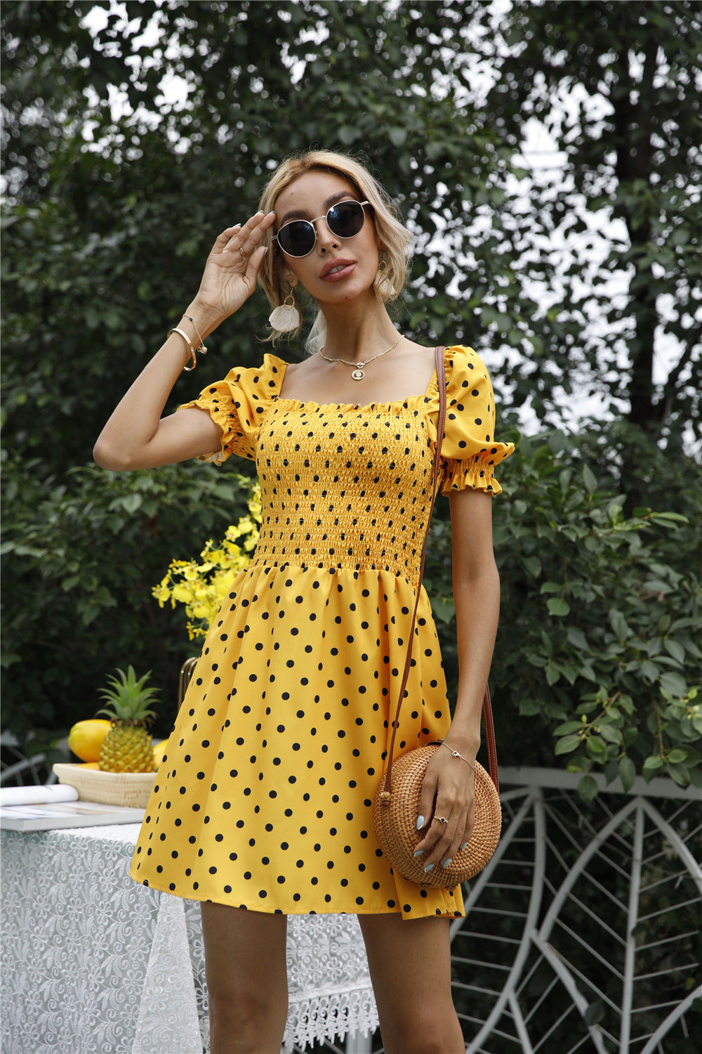 Polka Dot Square Neck Puff Sleeve Fit & Flare Mini Dress