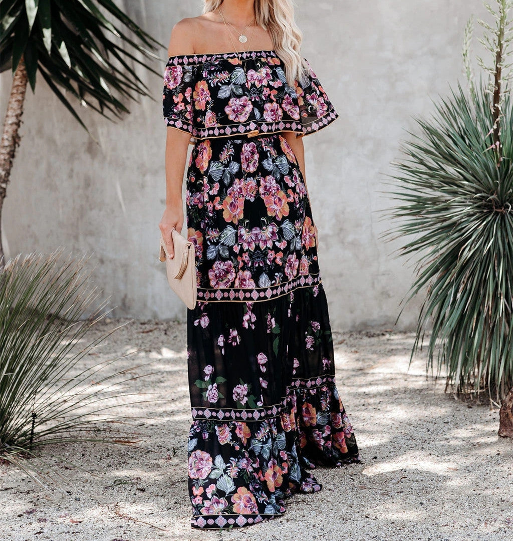 Floral Print Off Shoulder Tiered Maxi Dress