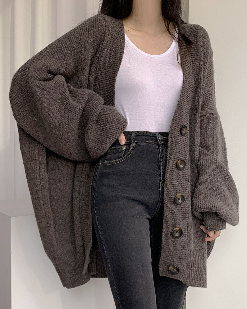 V-neck Loose Lantern Sleeve Knitted Cardigan Sweater