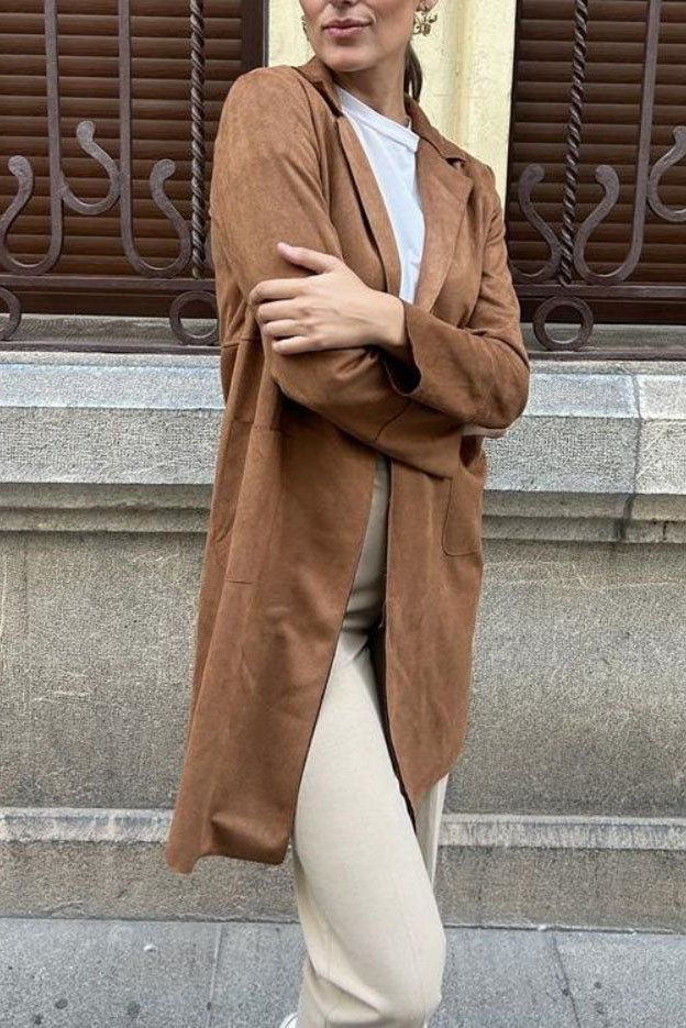 Chic Medium-Length Suede Trench Coat for Stylish Comfort