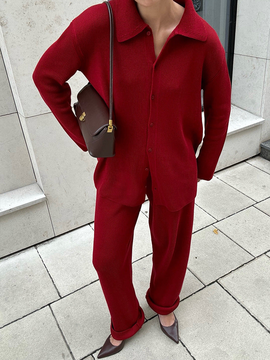 Lapel Ribbed Knitted Jacket and Loose Trousers Set