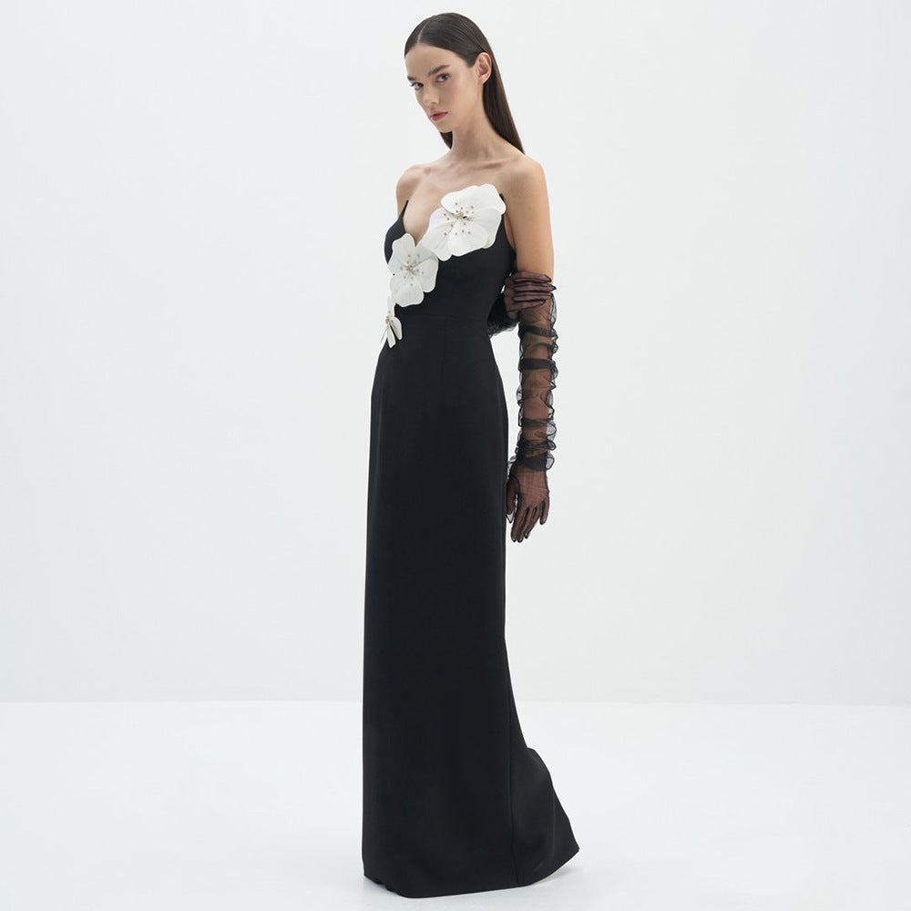Strapless 3D Floral Applique Column Maxi Gown - View 2
