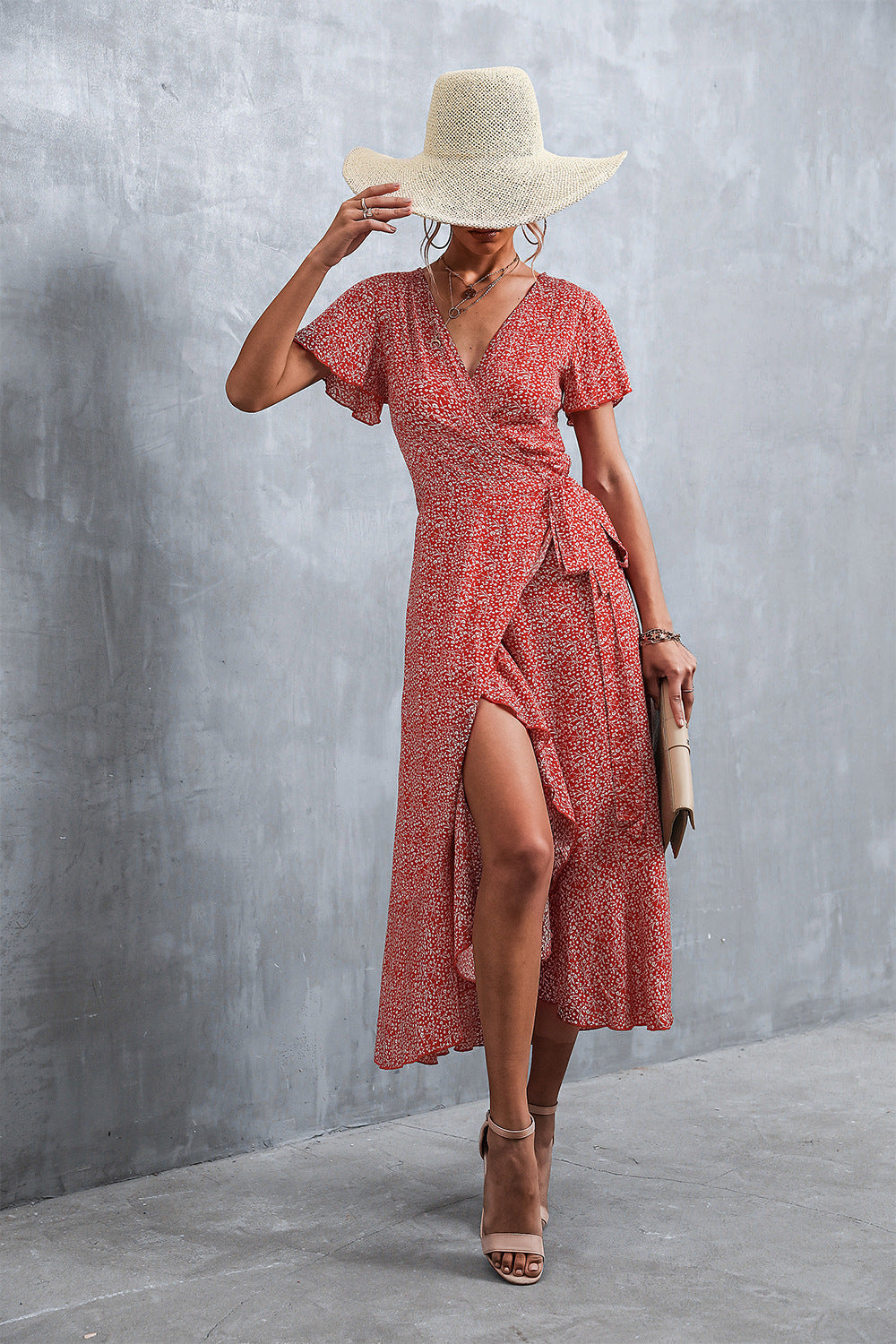 Floral Print V-Neck Short Sleeve Ruffle Wrap Maxi Dress