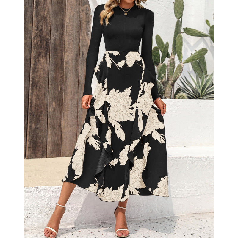 Mock Neck Long Sleeve Floral Skirt Midi Dress 2